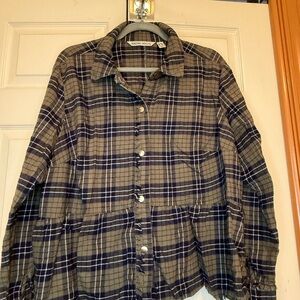Plaid Button Down Shirt - Olive & Navy with Frayed Accents - 20W